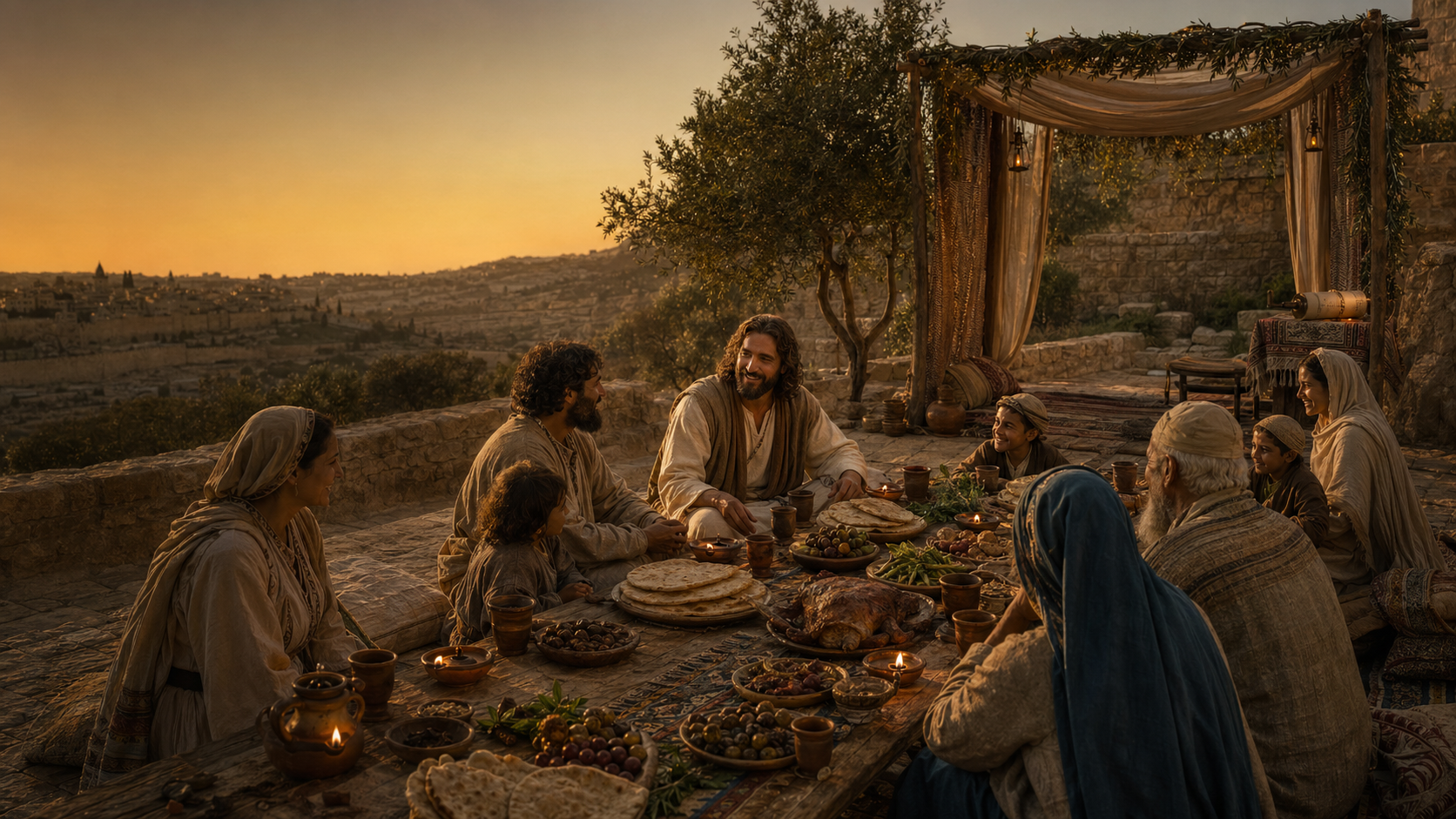 A historical Hebrew wedding feast with Messiah at the head of the table, an empty chuppah, elders, a ketubah, and a Torah scroll at golden hour